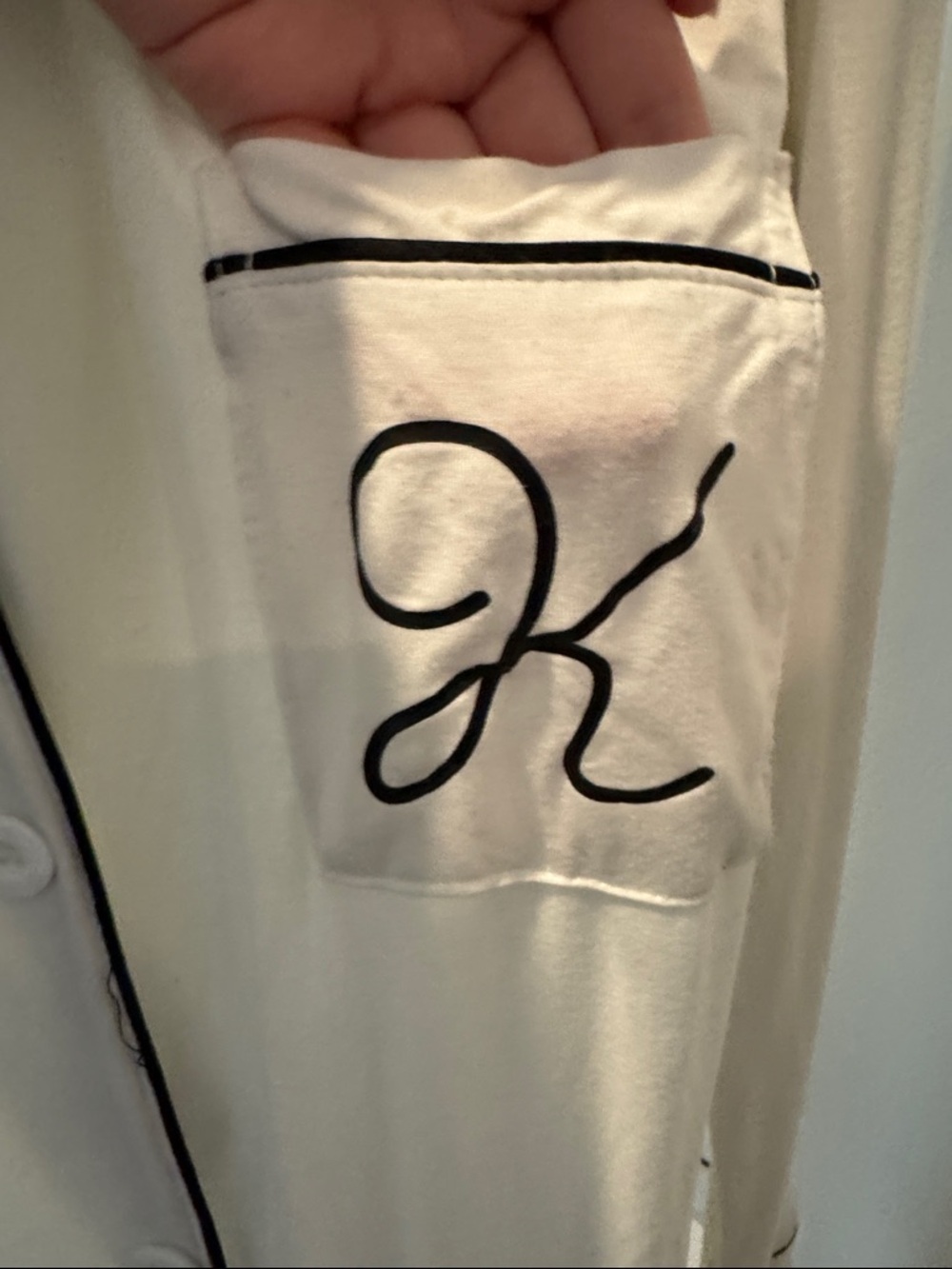 Women's Cream Long Button-Front Nightshirt with Contrast Trim and “K” on pocket - Picture 2 of 3